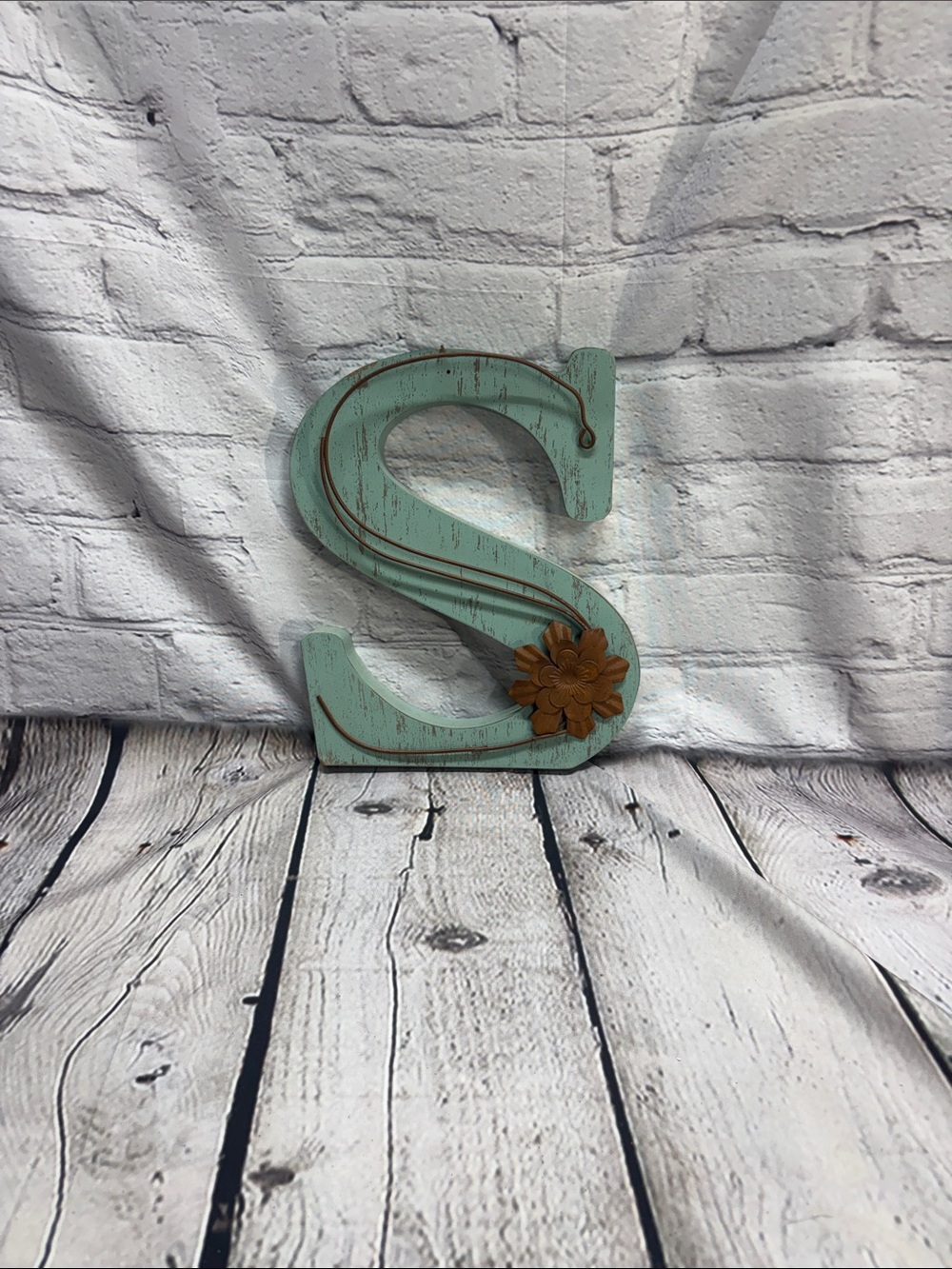 Mint Wooden Letter 'S' Wall Accent with Brown Flower